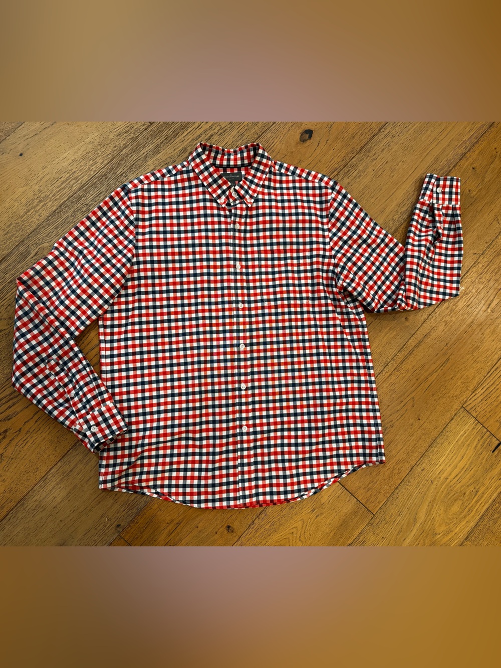 LLBEAN mens Signature slim fit Red, White & Blue Check Button-Up Shirt L
